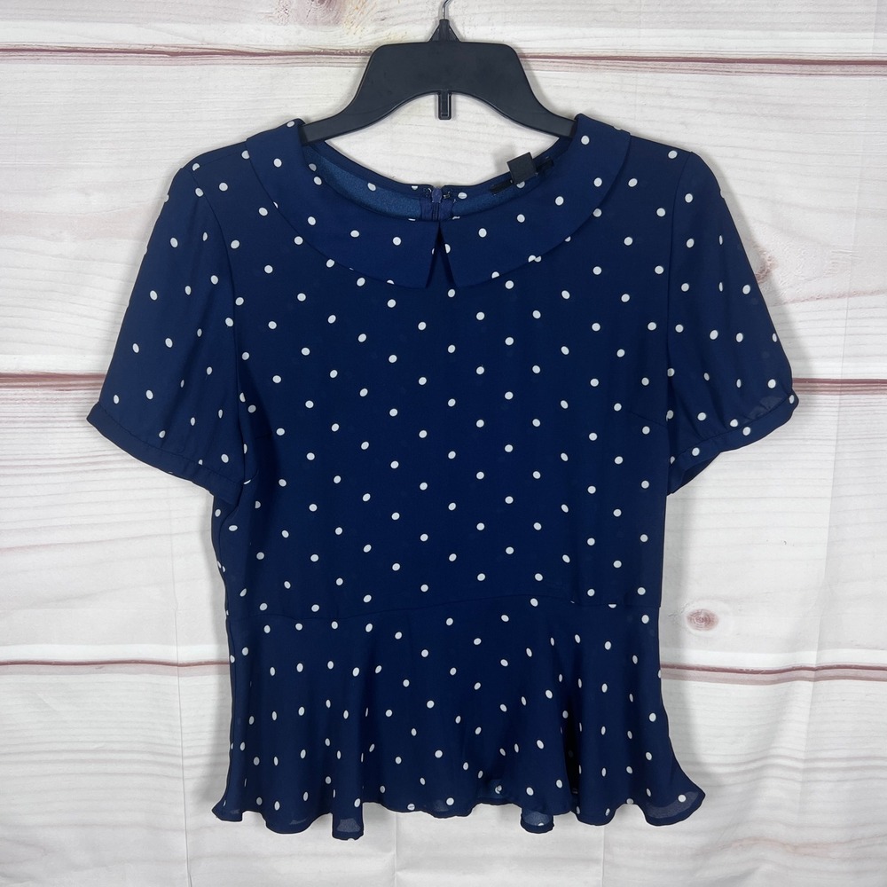 Forever 21 Blouse Women L Blue Polka Dot Peter Pan Collar Peplum Short Sleeve